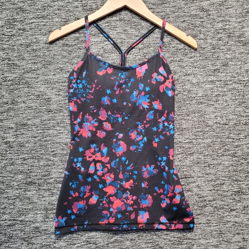 Lululemon Power Y Tank Women 4 Black Abstract Print Strappy Activewear Yoga